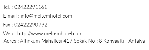 Meltem Hotel telefon numaralar, faks, e-mail, posta adresi ve iletiim bilgileri